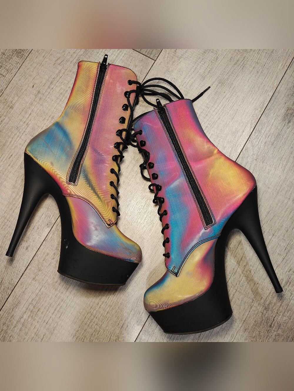 NWOT Pleaser Delight Rainbow Reflective Platform Stiletto Boots. - Picture 3 of 9